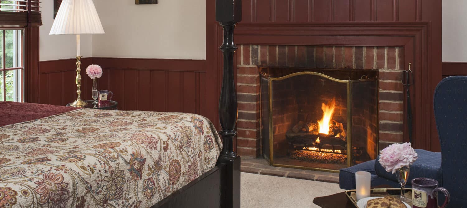 View of room with ing bed and fireplace in room